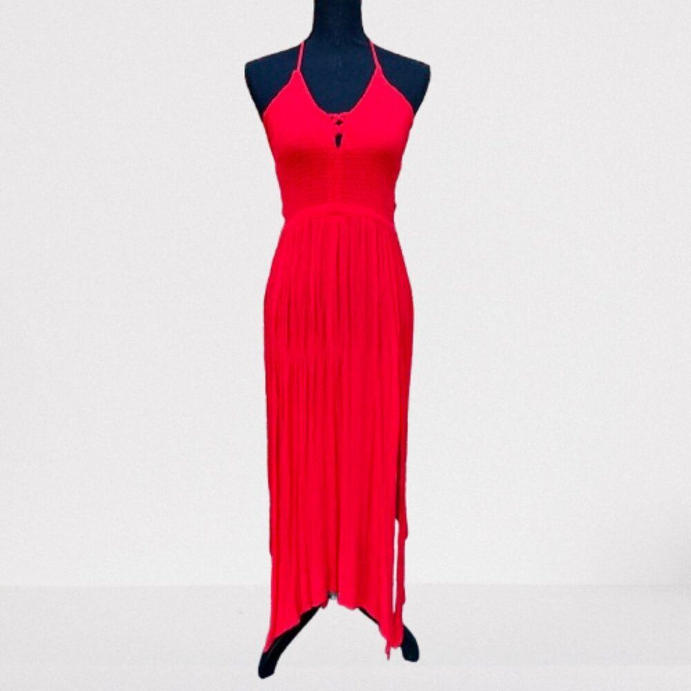 GB Maxi Sun Dress Large Red Smocked Top Cut-Outs Long Side Slits Beachy